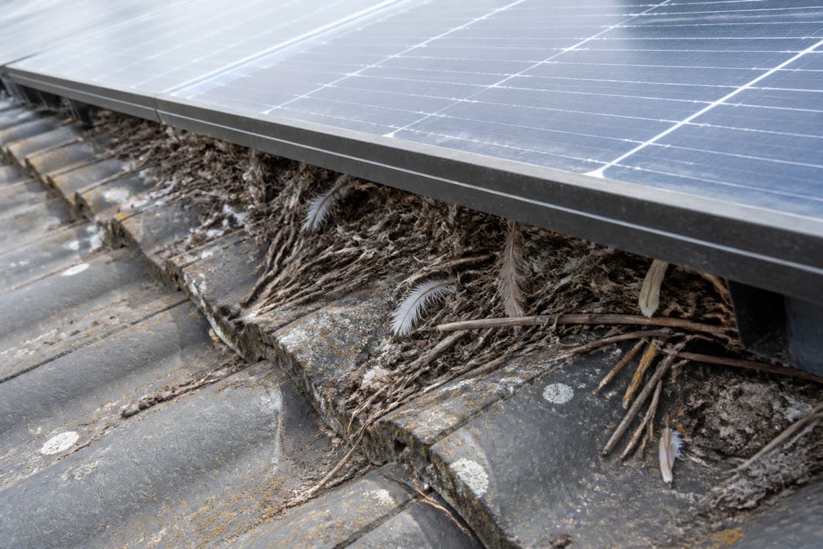 Nesting material packed under solar panels — the risk you are preventing